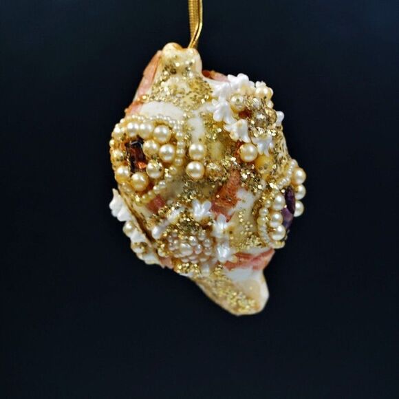 Vintage Christmas Ornament Seashell Beaded Mica Ribbon UNIQUE - Picture 3 of 11